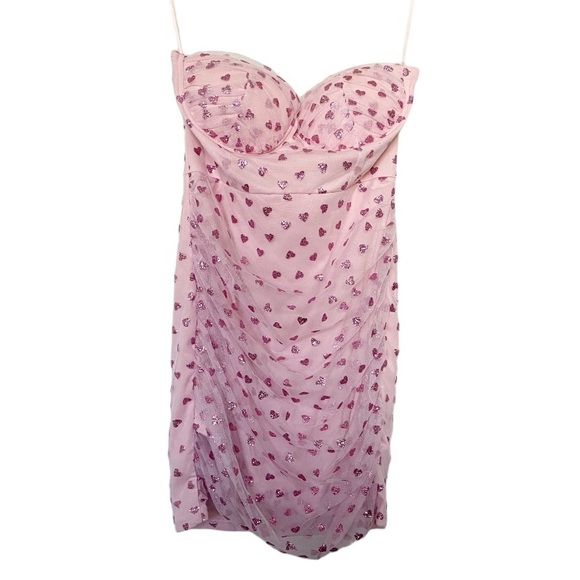 Superdown Fifi Mesh Mini Dress Pink Glitter Heart Print Bodycon Party Sz Medium - Picture 6 of 12
